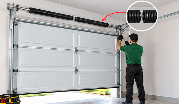 Technician replacing broken garage door spring
