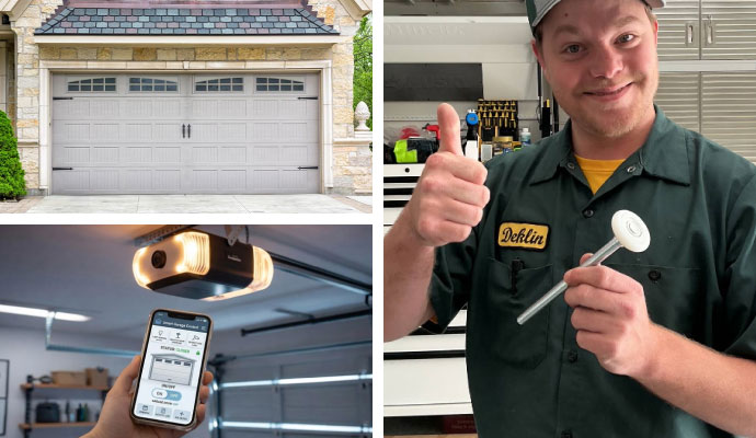Collage of residential garage door, smart app opener, and repair technician