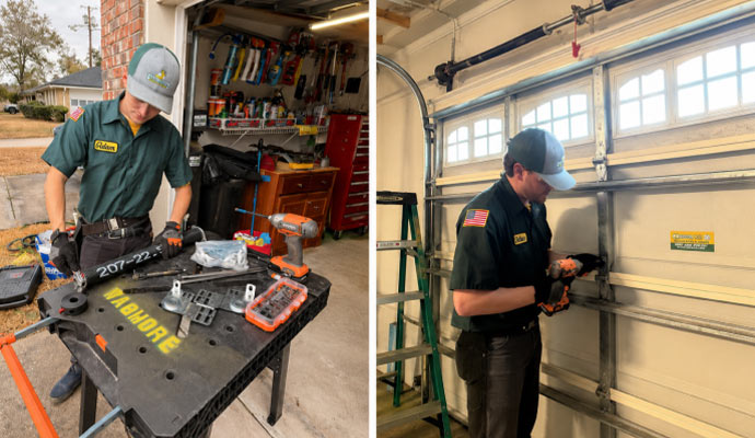 Collage of two experts repairing garage door