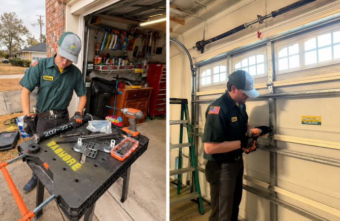 Collage of two experts working on a garage