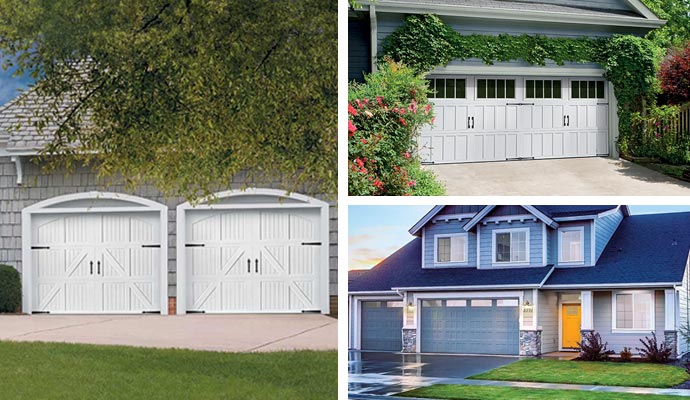 Collage of carriage court and classica garage door styles