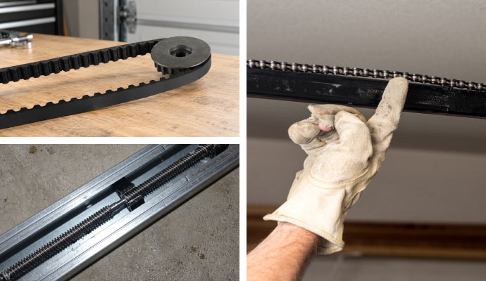 Collage of belt drive, screw drive, chain drive