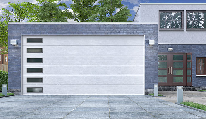 Modern white garage door with vertical glass windows