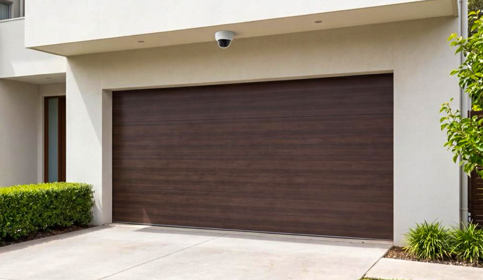 Outdoor security camera installed above modern garage door overlooking driveway