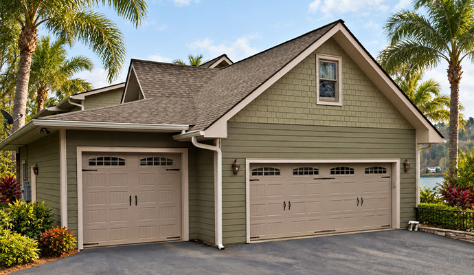 Residential home with carriage style garage doors