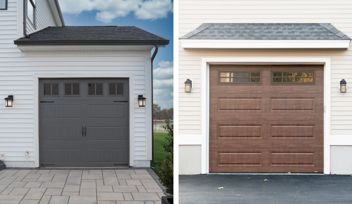 Side-by-side comparison of gray and wood grain garage doors