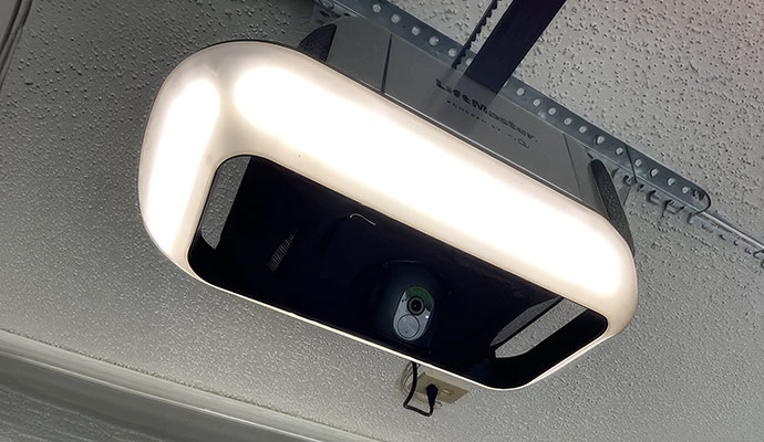 LiftMaster smart garage door opener with illuminated LED ring and built-in camera