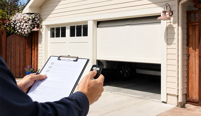 Technician holding clipboard and testing garage door remote