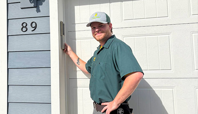 Technician testing garage door keypad mounted beside residential garage