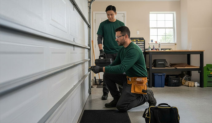 Technicians fitting hardware during garage door installation