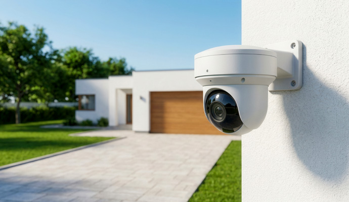 Wall-mounted outdoor security camera overlooking residential driveway and garage