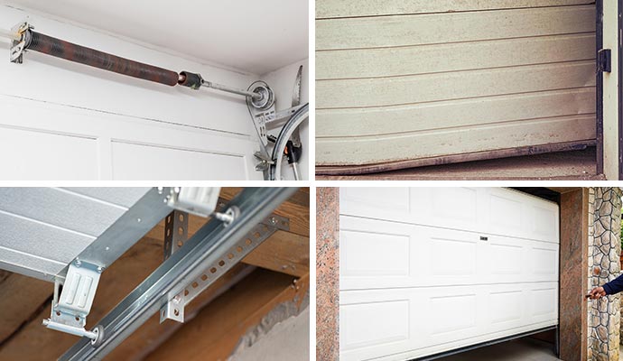 Collage of broken garage door spring, worn rollers, misaligned garage door and newly installed garage door