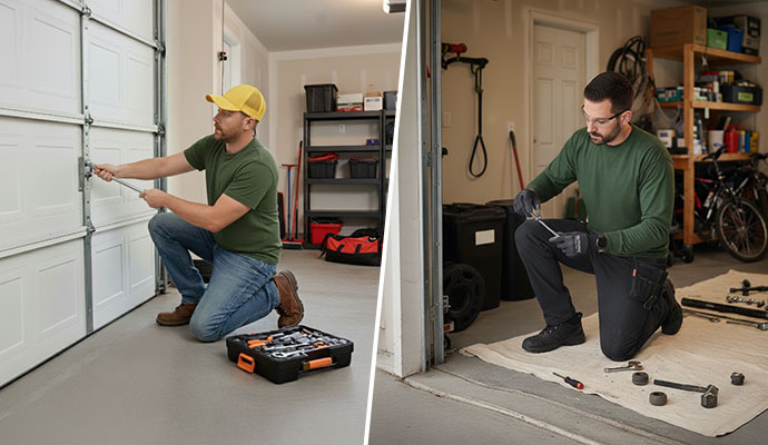 Collage of professional installing and repairing garage door