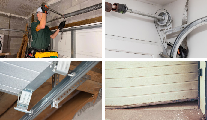 Collage of common garage door repair problems including springs cables rollers and off-track door