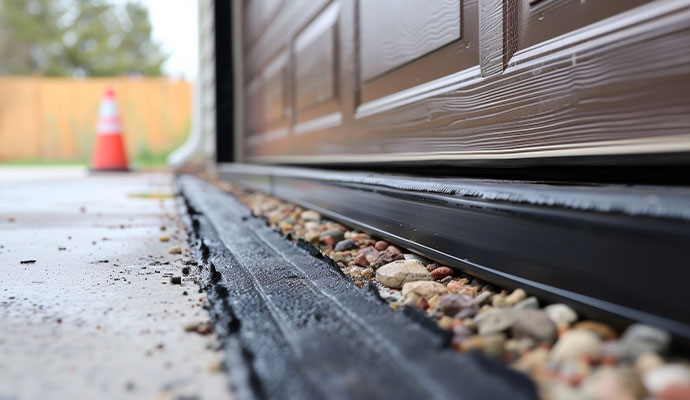A close-up view of a black rubber threshold seal installed on a concrete garage floor