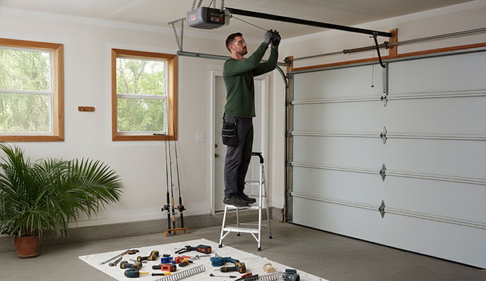 A professional repairing garage door