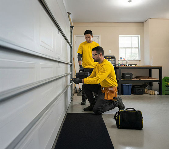 Two professional technicians inspecting door panels