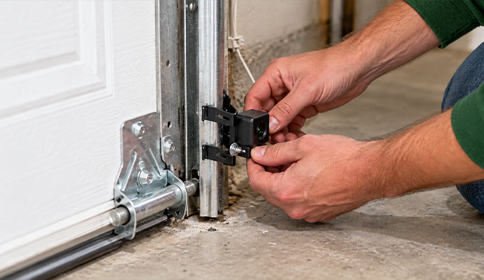Technician aligning garage door safety sensor on track