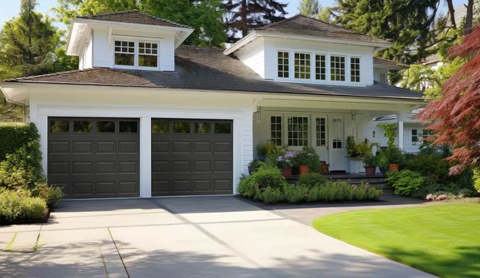 Home exterior with two car dark garage doors