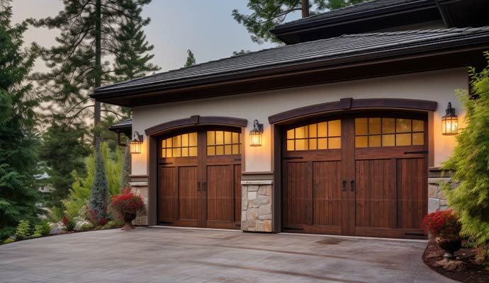 Luxury residential garage doors with windows and iron hardware