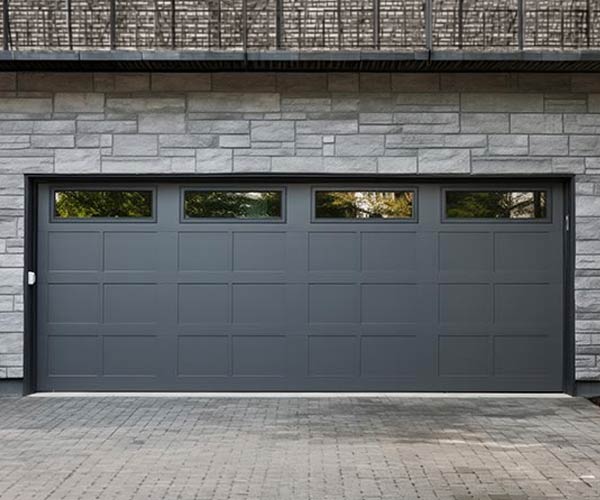 Modern black garage door with windows
