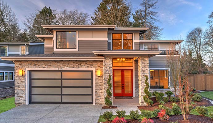 Modern glass panel garage door with frame