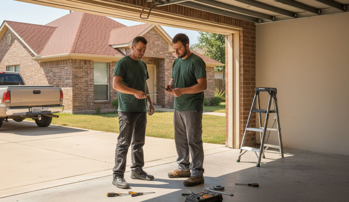 A professional team installing garage door