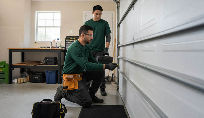 Two experts repairing garage door