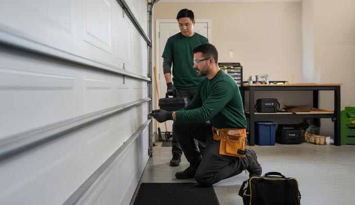 Two professionals repairing a residential garage door with tools and safety equipment