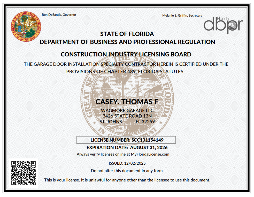 Wagmore garage door installation specialty contractor license